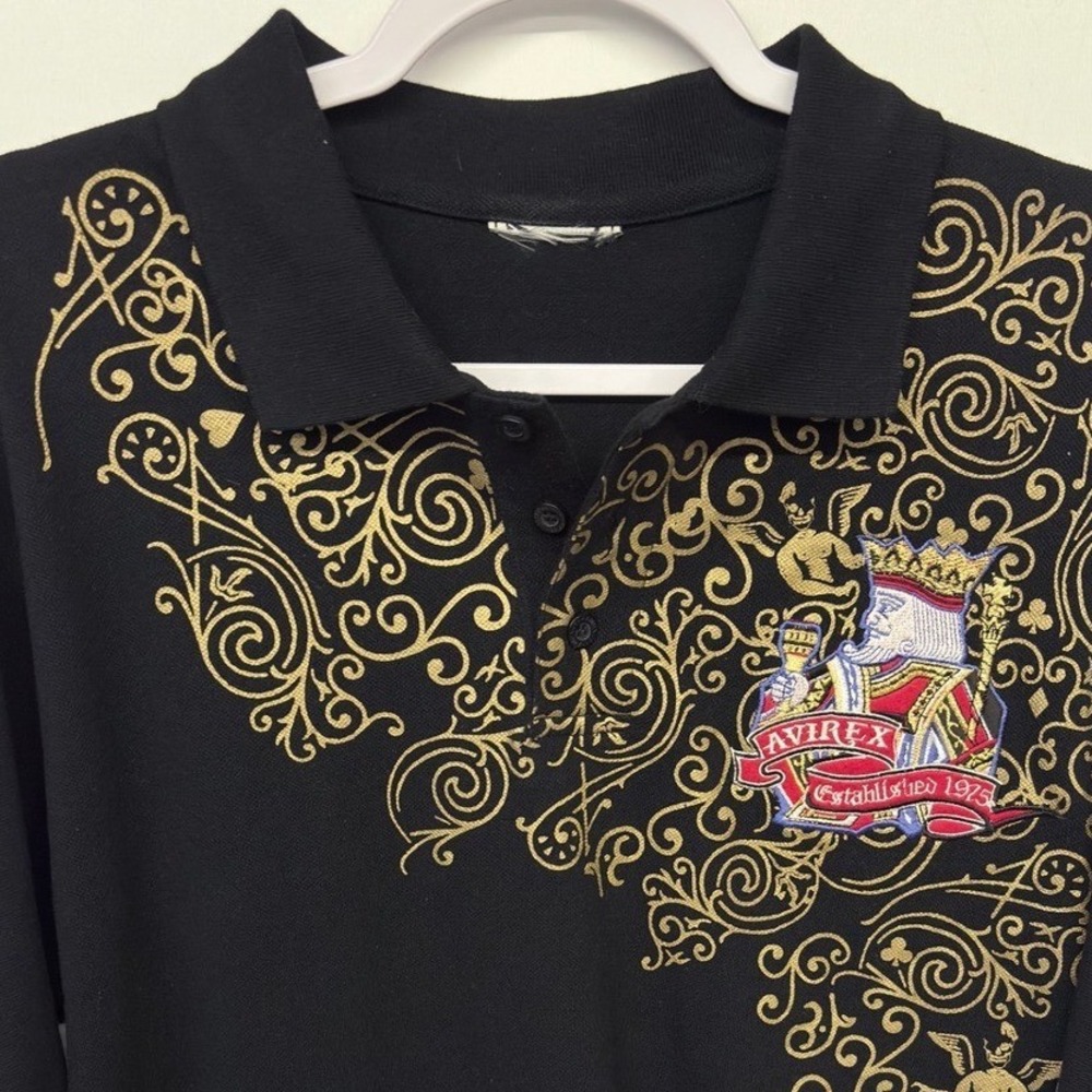Avirex Streetwear Polo Shirt Mens XL Black Gold Filigree Embroidered Y2K Hip Hop